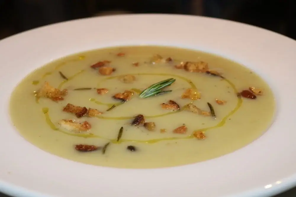 Warm up with our leek and potato soup. Each portion will be served with homemade croutons and a drizzle of olive oil.