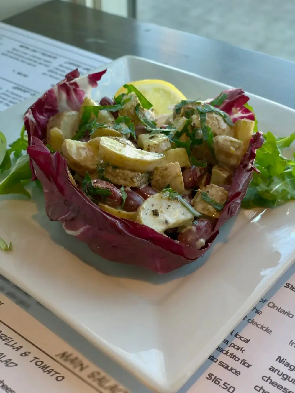 Potato, leek and mixed beans tossed in a tangy dressing and served in a shell of radicchio