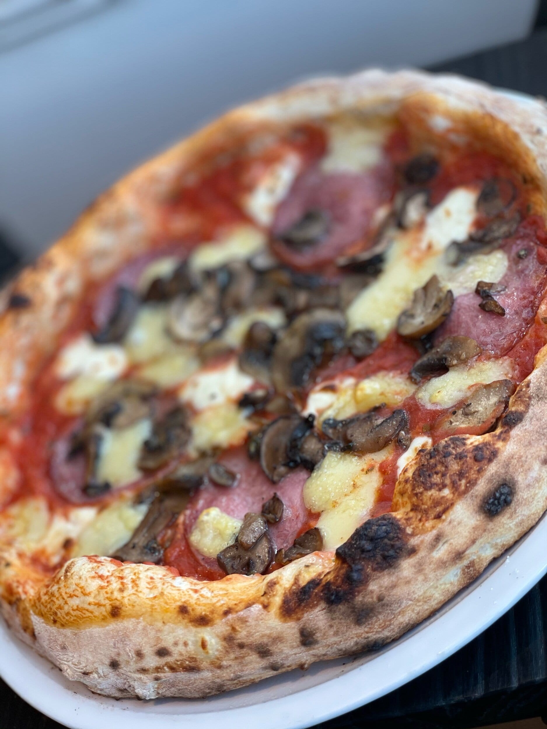 Prosciutto salami, Cremini&nbsp; mushrooms, Emmental&nbsp;, tomato sauce and mozzarella cheese.