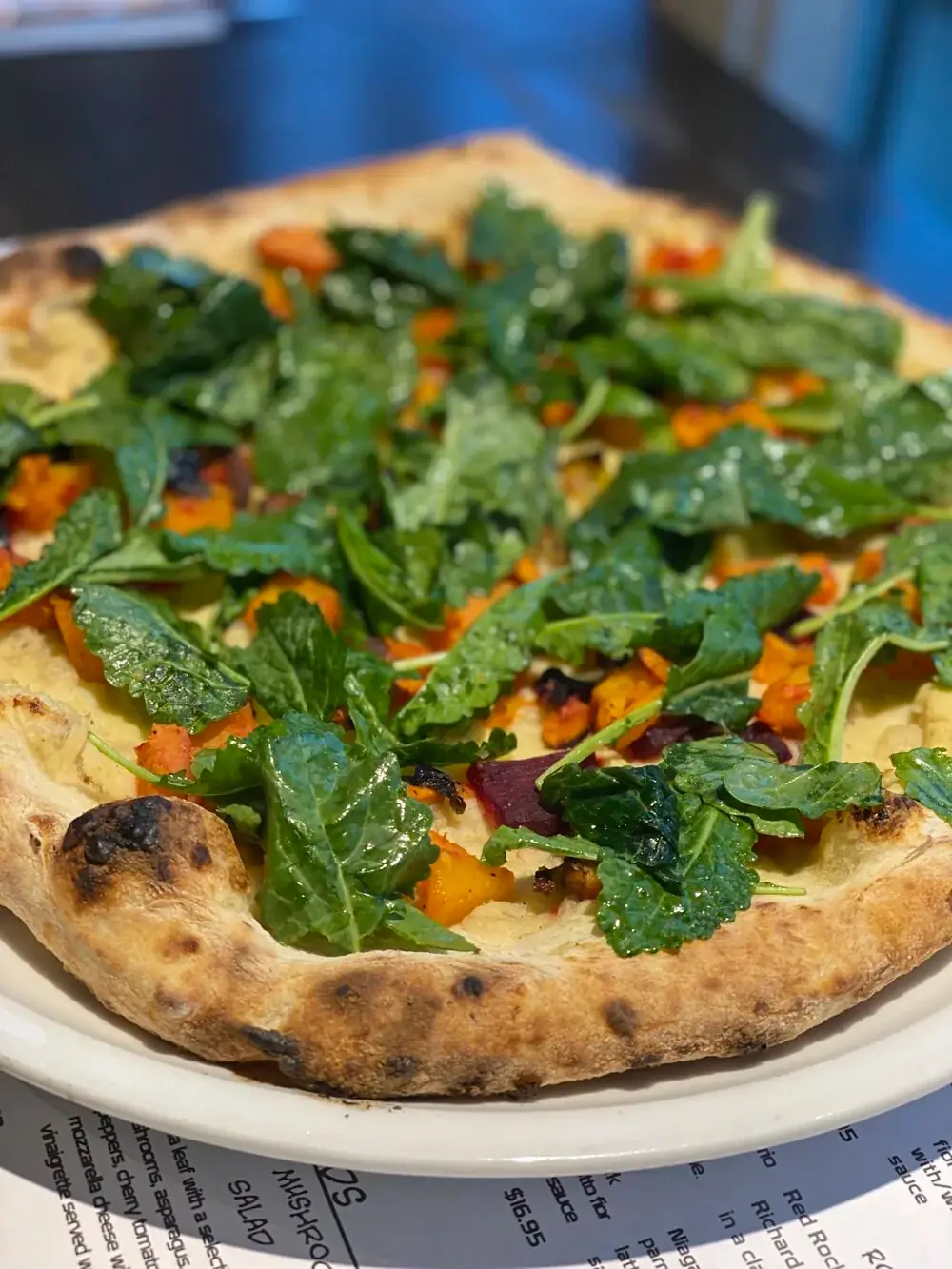 Our first vegan pizza. A base of puréed roasted cauliflower, parsnip and garlic. Then we add oven roasted beets, brussel sprouts, sweet potato and butternut squash. We finally add baby kale and roasted pumpkin seeds.