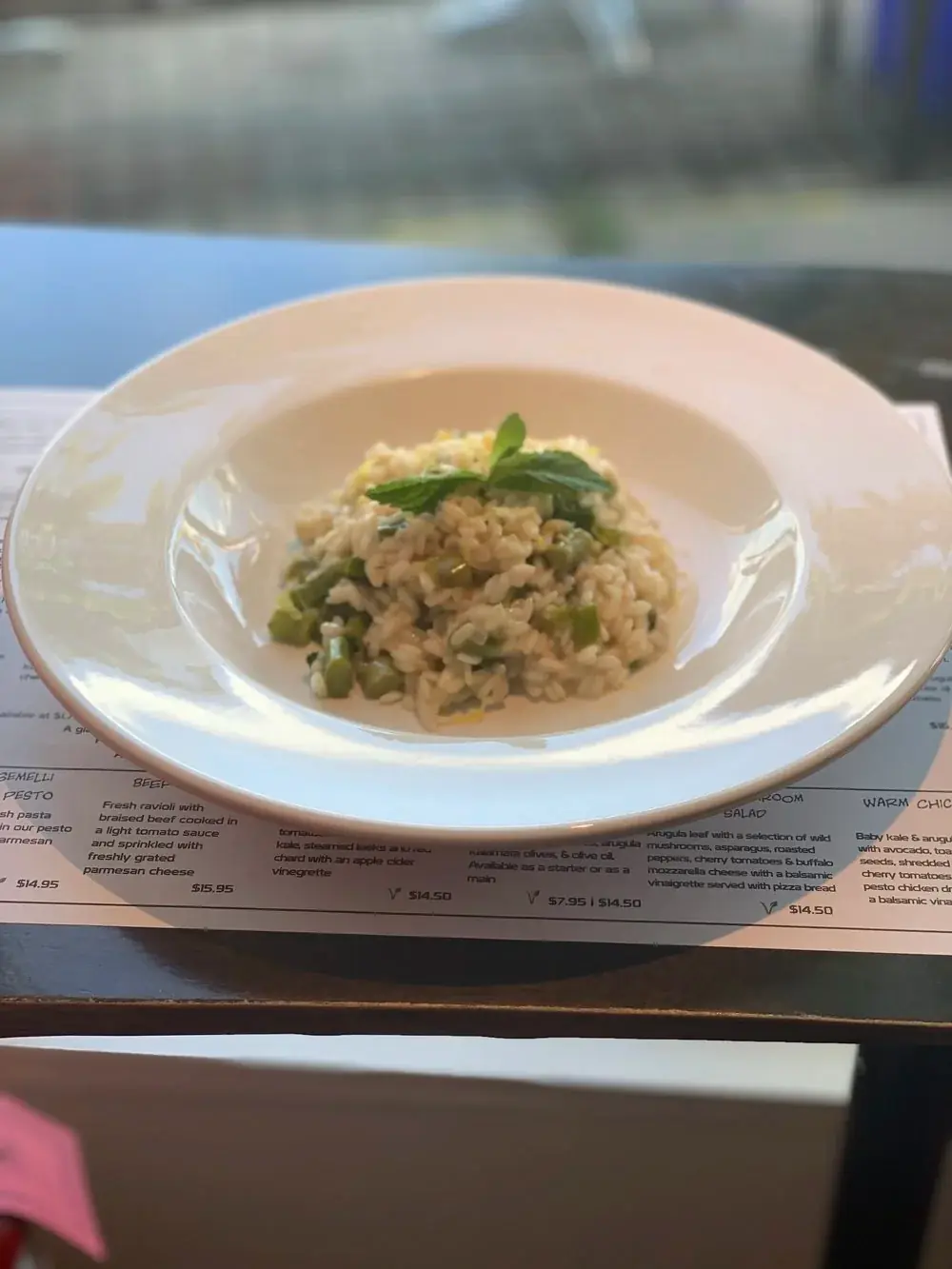Risotto di Asparagi A lemon & mint risotto di asparagi. Made with Ravine Vinyard’s Charmat Sparkling Wine, Parmesan cheese & pan-roasted asparagus